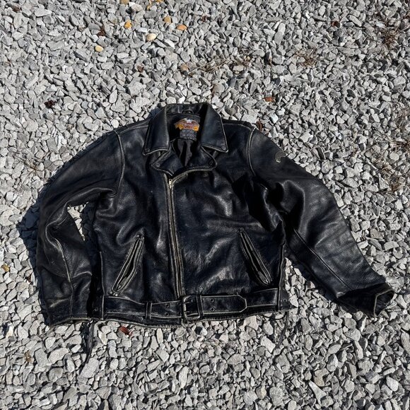Vintage Harley-Davidson Black Leather Jacket Eagle Back Mens Size L - Picture 1 of 13